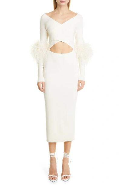 Lapointe Ostrich Feather Trim Long Sleeve Crossover Cutout Midi Dress In White