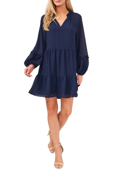 Cece Clip Dot Ruffle Long Sleeve Shift Dress In Classic Navy