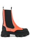 Ganni Cleated Mid Chelsea Combat Boots In Red Leather In Orange