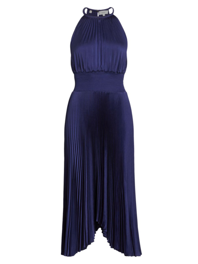 A.l.c Renzo Ii Satin Pleated High-neck Midi Dress In Blue