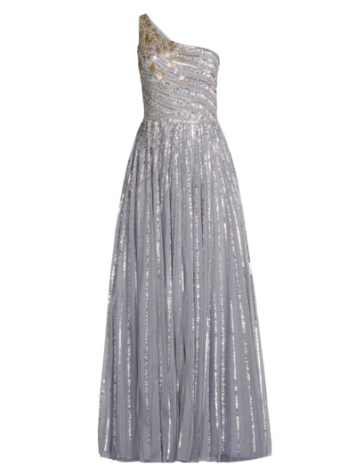 Mac Duggal One-shoulder Sequin Gown In Platinum