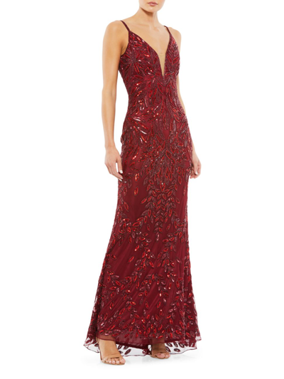 Mac Duggal Beaded V-neck Gown In Burgundy