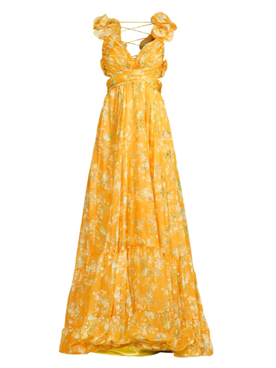 Mac Duggal Ieena Floral Chiffon Gown In Lemon Multi