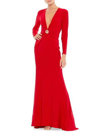 Mac Duggal V-neck Keyhole Long Sleeve Jersey Gown In Red