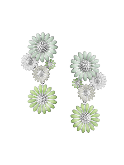 Georg Jensen Sterling Silver Daisy Green & White Enamel Flower Drop Earrings In Green/white