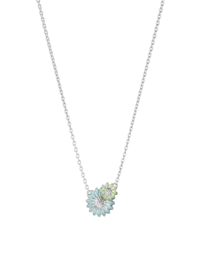 Georg Jensen Sterling Silver Daisy Blue & Green Enamel Flower Pendant Necklace, 17.72 In Blue/green