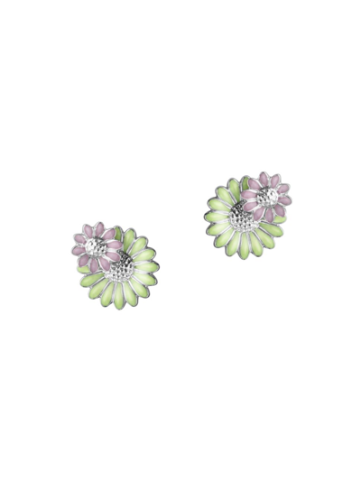Georg Jensen Sterling Silver Daisy Pink & Green Enamel Flower Stud Earrings In Green/pink