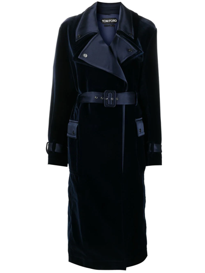 Tom Ford Notched-lapels Belted Coat In Blue