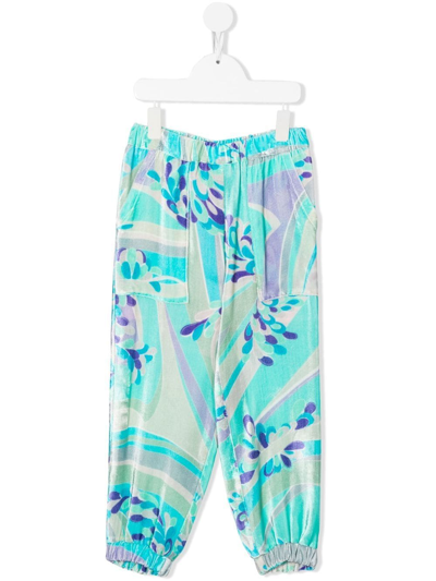 Emilio Pucci Junior Kids' Abstract-print Velvet Trousers In Blue
