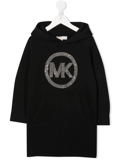 Michael Kors Kids' Rhinestone-logo Hoodie Dress In Black