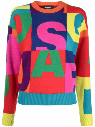 Dsquared2 Logo Color Block Wool Knit Sweater In Red