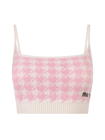 Miu Miu Houndstooth Pattern Knitted Vest Top In Pink/white