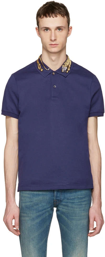 Gucci Cotton Polo W/tiger Embroidery, Blue In Navy