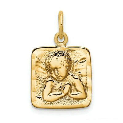 Pre-owned Accessories & Jewelry 14k Yellow Gold Solid & Diamond Cut Small Sitting Angel In Square Frame Charm