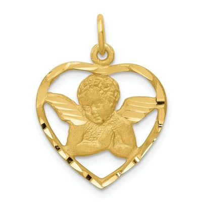 Pre-owned Accessories & Jewelry 14k Yellow Gold Diamond Cut & Satin Finish Sitting Angel In Heart Frame Charm