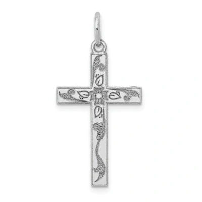 Pre-owned Accessories & Jewelry 14k White Gold Solid & Floral Laser Etching Small Latin Cross Charm