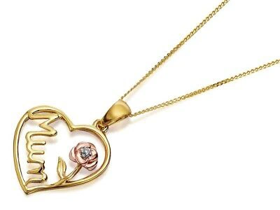 Pre-owned F.hinds Womens 9ct Two Colour Gold Diamond Set Mum Heart Necklace