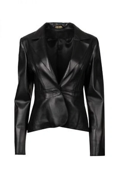 Pre-owned Asaavi Womens Leather Blazer Jacket Black One Button 100% Genuine Lambskin Blazer - 34