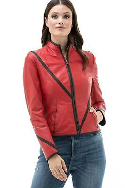 Pre-owned Asaavi Halloween Womens Red Leather Jacket Lambskin Motorcycle Slim Fit Jacket - Hwj001