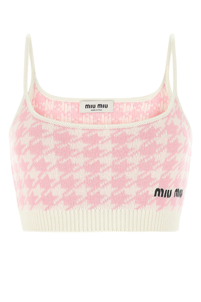 Miu Miu Houndstooth Pattern Knitted Vest Top In Pink/white