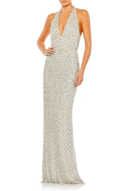 Mac Duggal Sequined Crystal Fringe Halter Strap Gown In Silver