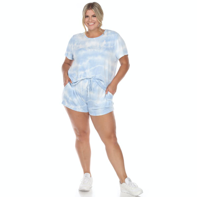 White Mark Plus Size 2 Piece Top Shorts Lounge Set In Blue Tie-dye