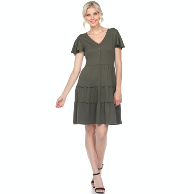 White Mark Plus Size Short Sleeve V-neck Tiered Dress In Olive