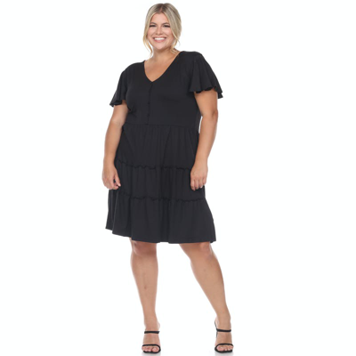 White Mark Plus Size Short Sleeve V-neck Tiered Midi Dress In Black