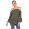 White Mark Cold Shoulder Ruffle Sleeve Top In Green