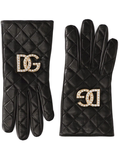 Dolce & Gabbana Quilted Nappa Leather Gloves With Dg Logo In Nero