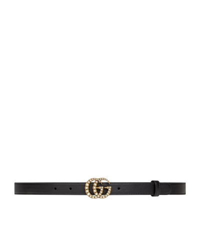 Gucci Leather Belt With Crystal Double G Buckle In Black Leather