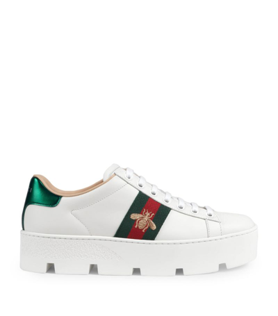 GUCCI LEATHER EMBROIDERED ACE PLATFORM SNEAKERS