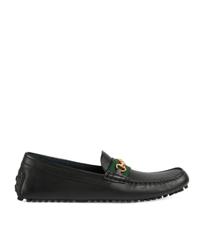 Gucci Leather Driver Web Loafers In Black