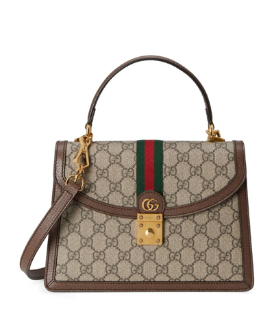 Gucci Small Leather-trim Ophidia Gg Top-handle Bag In Brown
