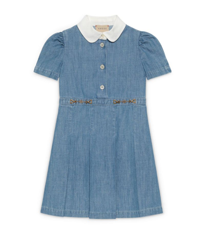 Gucci Kids' Interlocking G Horsebit-detail Denim Dress In Light Blue/white