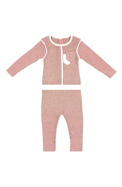 Maniere Babies' Rib Contrast Detail Cotton Knit Top & Trousers Set In Heather Mauve