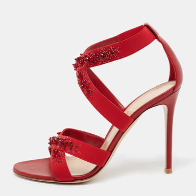 Pre-owned Gianvito Rossi Red Leather And Fabric Crystal Embellished Ankle-strap Sandals Size 40