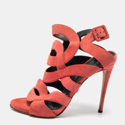 Pre-owned Giuseppe Zanotti Coral Pink Suede Cut Out Cage Sandals Size 40