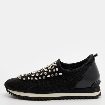 Pre-owned Le Silla Black Lurex Fabric And Leather Crystal Embellished Slip On Trainers Size 40
