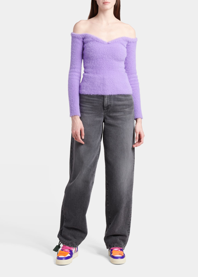 Off-white Off-the-shoulder Brushed Knitted Top In Purple