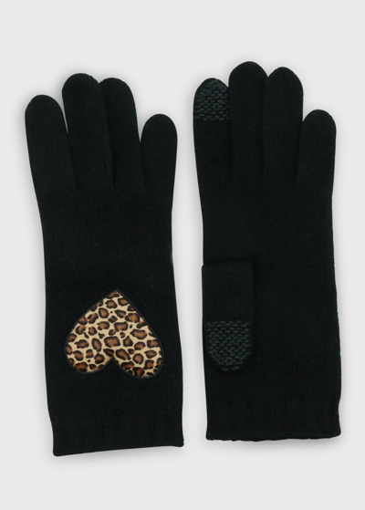 Portolano Leopard Heart Cashmere Gloves In Black