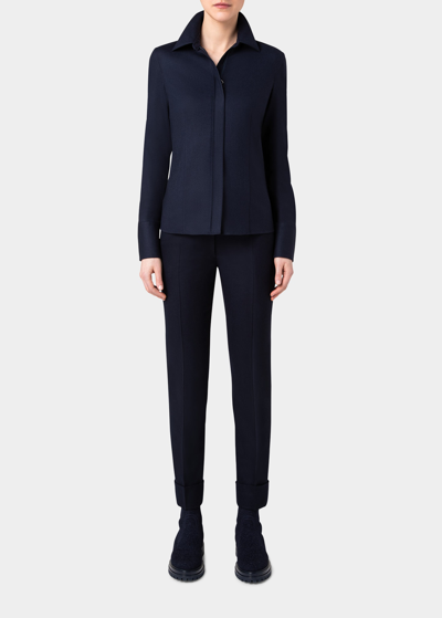 Akris Fitted Zip-front Wool Blouse In Navy