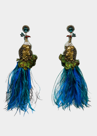 Ranjana Khan Peacock Feather Earrings In Blue