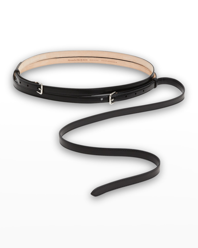 Alexander Mcqueen Long Thin Leather Double Belt In Black