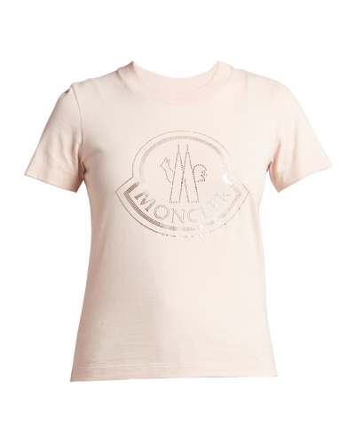 Moncler Embellished Logo Cotton T-shirt In Pink