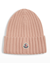 Moncler Light Pink Logo Ribbed Wool Beanie In Beige