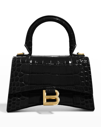 Balenciaga Hourglass Xs Crocodile-embossed Top-handle Bag In 1000 Black