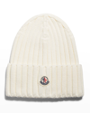 Moncler Ribbed-knit Logo-patch Virgin Wool Beanie In White