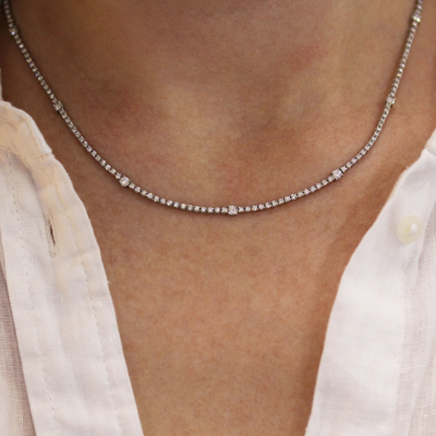 Pre-owned Jewelry By Arsa 6 Ctw Natural Diamond (g-h, Si) 14k White Gold Thin Dotted Tennis Necklace 17" In White/colorless