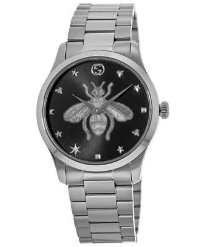 Pre-owned Gucci G-timeless Black Bee Dial 36mm Steel Men's Watch Ya1264136